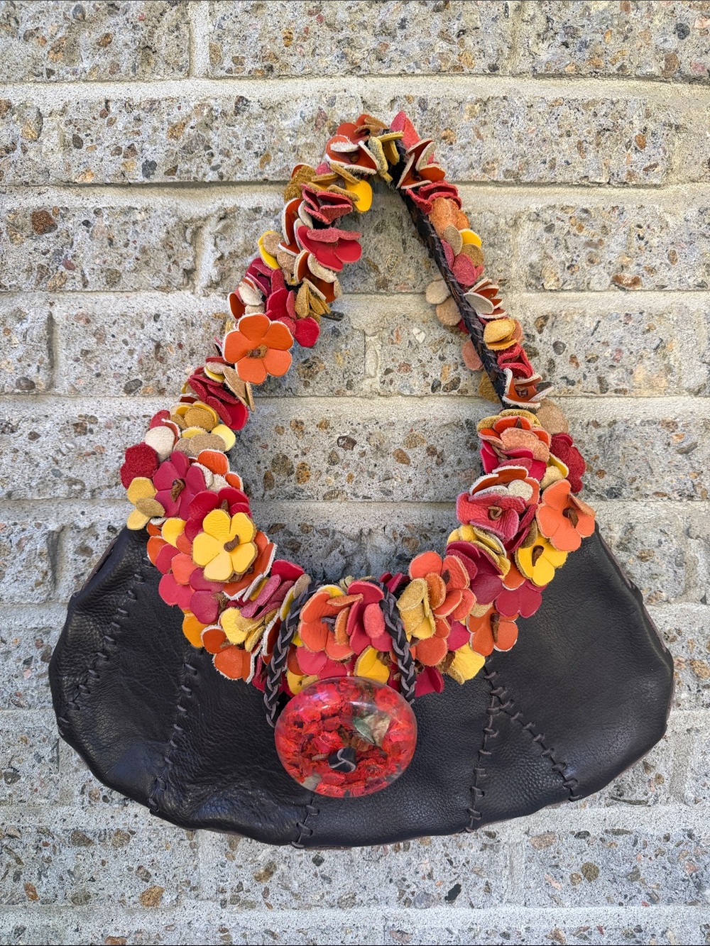 Handmade Boho Dark Brown Leather Shoulder Bag With Floral Handle